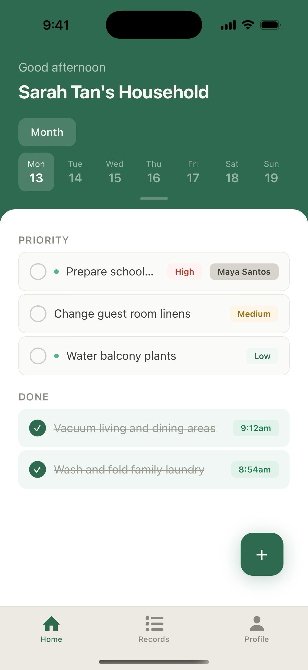 Actual Entrust employer Home screen for Sarah Tan's household